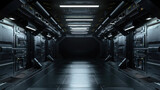 Fototapeta  - Dark corridor in futuristic spaceship, spacecraft black interior with outside gate like in scifi movie. Concept of future, space, room, background.