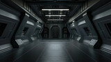 Fototapeta  - Dark corridor in futuristic spaceship, spacecraft metal interior with low light like in scifi movie. Concept of background, future, space, room, technology.