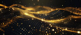 Fototapeta  - Cyber shiny data in digital space, gold network surface abstract background. Dots, lights and lines of secure ai technology in dark cyberspace. Concept of wave, tech plexus