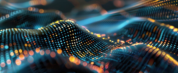 Wall Mural - Cyber data in digital space, blue network surface abstract background. Dots, lights and lines of secure technology in dark neon cyberspace. Concept of wave, texture, future, tech