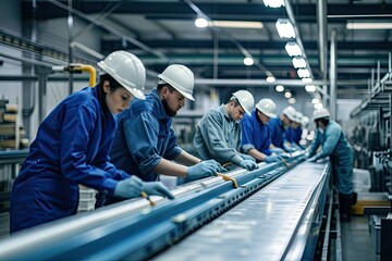 Poster - Factory workers managing a production line
