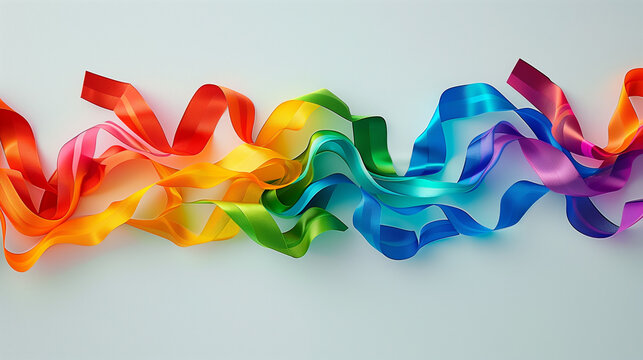 An artistic composition of rainbow-colored ribbons forming the shape of a flag, representing LGBTQ+ pride and diversity, with space for text or graphics