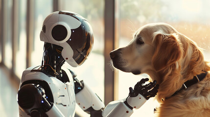 Wall Mural - the image depicts a robot and a dog in close proximity, possibly interacting with each other