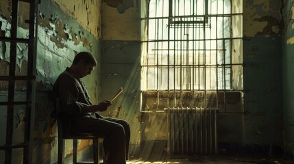 Man sits reading in a sunlit prison cell, surrounded by shadows and peeling paint. Prisoner reads a letter from his family.