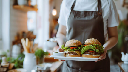 Poster - a person wearing an apron, standing in a brightly lit room. They are holding a tray with several items on it