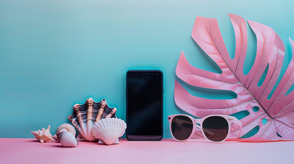 Wall Mural - an interesting arrangement of objects against a gradient background of pink and blue