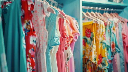 Wall Mural - Colorful dresses and shirts hanging on a blue wall in a fashionable womens closet. Generative AI