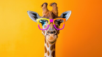 Sticker - Portrait of a Giraffe in a bright coloring glasses . Generative Ai