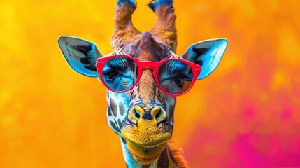 Sticker - Portrait of a Giraffe in a bright coloring glasses . Generative Ai