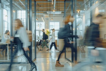 Wall Mural - Businesspeople walking at modern office. Group of business employees at coworking center. Motion blur. Concept work process. Wide image