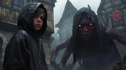 Wall Mural - A young boy in a black jacket standing next to an evil looking creature, AI