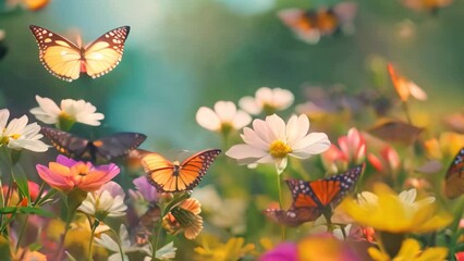 Sticker - Colorful butterflies flutter happily over a patch of vibrant flowers, A cluster of colorful butterflies fluttering among blooming flowers