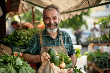 Middle Aged Male Farmer Managing a Small Business on an Outdoors Farmers Market, Selling Sustainable Organic Fruits and Ecological Vegetables. Senior Man Laying Out Ripe Apples on a Food Stall