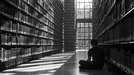 Wall Mural - A man reading in a library with high shelves and a quiet atmosphere
