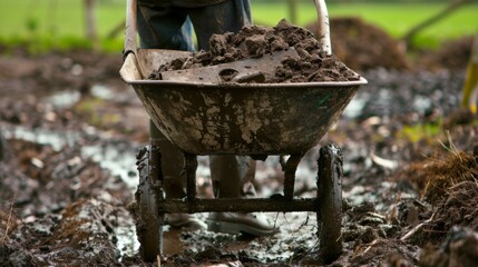 A muddy wheelbarrow half full of freshly peat pushed by a determined laborer.