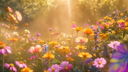 Wall Mural - A butterfly gracefully gliding above a vibrant field of colorful wildflowers, A colorful meadow full of wildflowers and butterflies