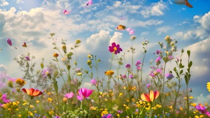 Poster - A field filled with vibrant wildflowers as butterflies flutter through the sky, A colorful meadow full of wildflowers and butterflies