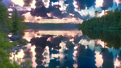 Poster - The sun sets over a lake surrounded by trees, casting a colorful reflection on the water, A colorful sunset reflecting off the tranquil waters