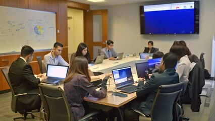 Poster - A group of people, analysts, sitting around a table in a conference room, working on laptops, A conference room with a team of analysts gathered around a table, each looking at data on their laptops