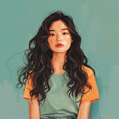 Wall Mural - Beautiful girl. Wearing a T-shirt. Wavy long hair.