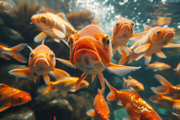 A vibrant group of goldfish swimming energetically in a pond, creating a lively underwater scene with their bright orange hues