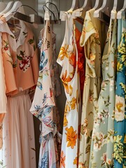 Poster - Collection of colorful shirts neatly displayed on hangers in a fashion boutique. Generative AI