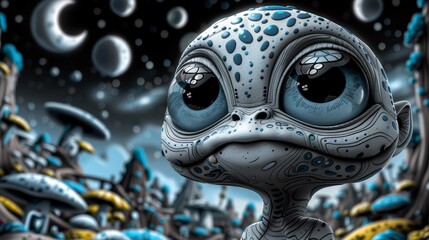 Poster - A close up of a cartoon alien with big eyes and black spots, AI