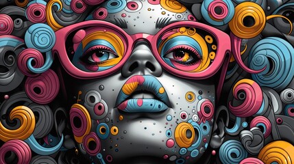 Poster - A woman with glasses and colorful hair surrounded by swirls, AI