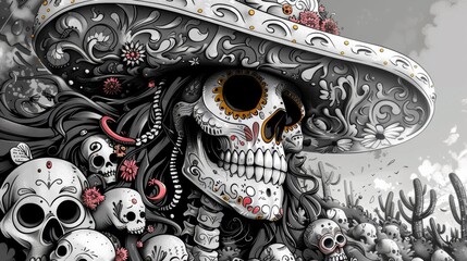 Wall Mural - A drawing of a skull wearing a mexican hat with many skulls, AI