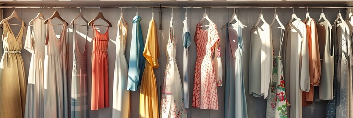 Assorted dresses and shirts hanging on a rack in a fashionable womens closet, representing a creative concept of a clothing showroom. Generative AI