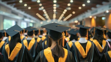 Wall Mural - Rear view of the university graduates line up for degree award in university graduation ceremony.