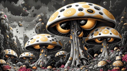 Wall Mural - A group of mushrooms with large eyes and yellow spots, AI