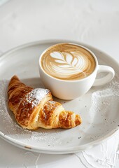 Latte coffee and croissant. Light and airy summer photography for social media faceless digital content marketing