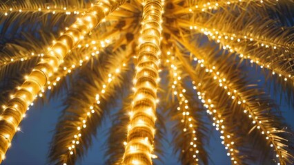 Wall Mural - palm tree adorned with twinkling lights. illuminated palm trees against a twilight sky. seamless loo