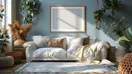 Wall Mural - A living room with a white couch, a white blanket, and a white framed picture. The room is decorated with plants and has a cozy, inviting atmosphere