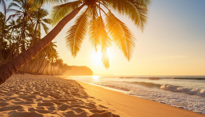 Wall Mural - Sunny exotic beach by the ocean with palm trees at sunset summer vacation