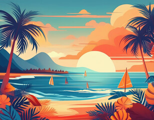 Wall Mural - vector illustration of tropical island, palm tree, sunset and sea