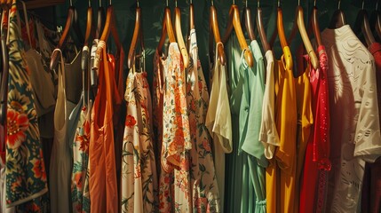 Wall Mural - A rack of dresses and shirts hanging on a wall, creating a creative concept for a womens clothing showroom or designer dresses store. Generative AI