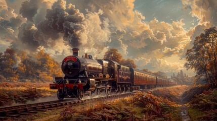Wall Mural - A steam locomotive chugging along a railway through the countryside