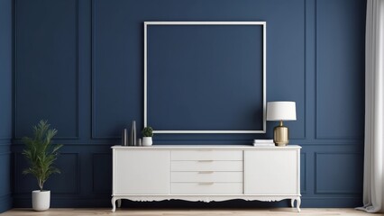 Wall Mural - Antique White cabinet on Navy Blue wall color background, with blank frame mockup