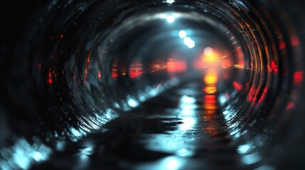 Wall Mural - A close up of a tunnel with lights and water, AI