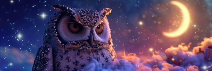 Cute owl 3d toy on the night background, in the sky, white clouds and stars. Ai generative.