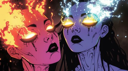 Two women with glowing eyes and fire coming out of their heads, AI