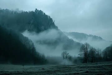 Sticker - Misty Mountain Landscape with Bare Trees and Fog