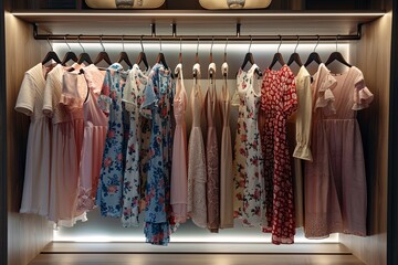 Wall Mural - Multiple dresses and shirts neatly hung on a rack in a fashion showroom. Generative AI