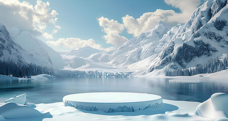 Ice podium background snow winter product platform cold mountain 3D. Podium ice display background cosmetic sky floor blue scene landscape frozen white cool stand pedestal minimal rock glacier nature