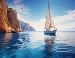 Wall Mural - picturesque scene of sailboat floating on rippling sea water near rocky cliff against blue sky with clouds	
