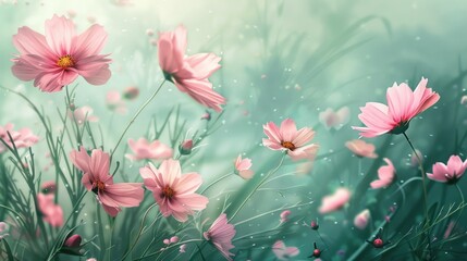 Wall Mural - A field of pink flowers with a bright green background