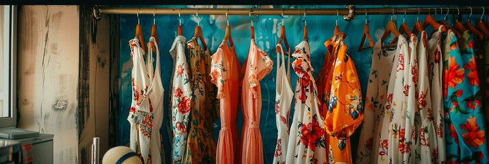 Wall Mural - Assorted scarves in various colors and patterns are neatly displayed on a rack in a womens clothing showroom. Generative AI