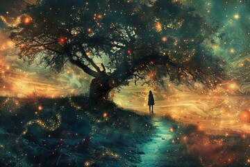 Wall Mural - Enchanted Nightscape with Tree and Silhouette